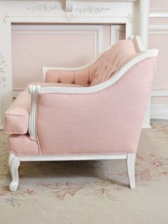 Shabby Cottage Chic Pink Linen Tufted French Style Loveseat Couch Sofa