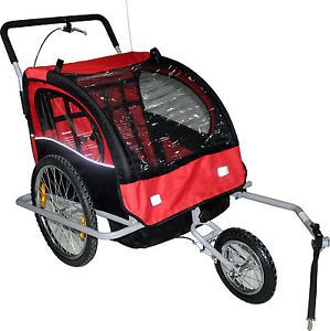 Double Kids 2in1 Bicycle Bike Trailer Stroller Jogger Carrier Red Black