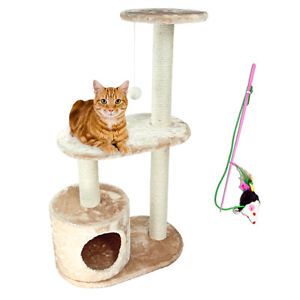 Cat Scratching Post Pet Play House Beige 37" Tree 3 Level Condo Furniture Kitten
