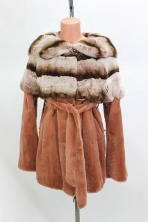 58398 New Peach Sheared Mink Rex Rabbit Fur Parka Hood Stroller Coat Jacket S