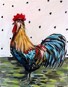Whimsical Rooster Painting M Devine Urban Farm Chicken Coop Polk Dot Aqua Coral