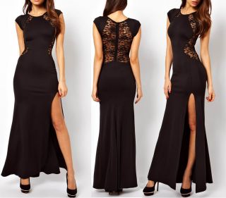 Women Sexy Lace See Through Back Slim Bodycon Split Side Maxi Long Party Dress