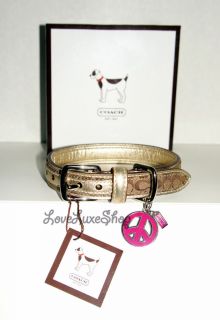 Authenic Coach Signature C Dog Collar Khaki Gold Pink Peace Charm Medium M