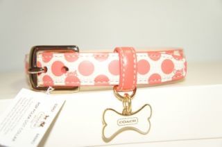 New Coach Orange Polka Dot Leather Dog Collar Bone Charm Size s M L in Gift Box
