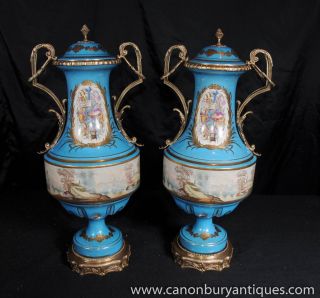 Pair Sevres Porcelain Cyan Vases Urns Ormolu Fixtures