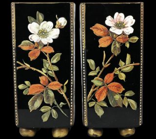 Exceptional Quality Antique Pair Enamelled Roses Birds Black Glass Vases 19th