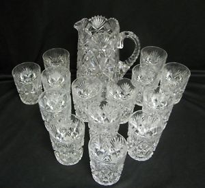 Fantastic Antique Elaborately Cut Glass Water Pitcher with 14 Matching Glasses