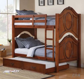New Classique Cherry Finish Wood Twin Twin Bunk Bed w Under Bed Trundle