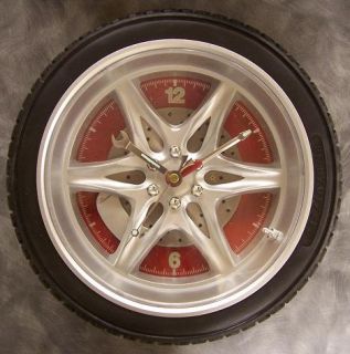 Auto Wall Clock 10" Tire and Wheel Red Disc