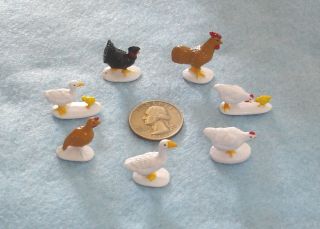 Lot of 7 Miniature Tiny Plastic Toy Craft Farm Birds Chicken Duck Turkey GOOSE