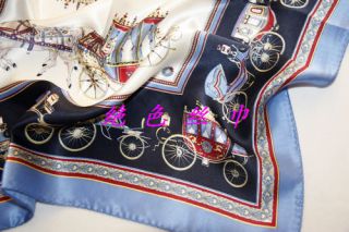 Carriages Silk Scarf Small Scarf Square Blue 100 Silk
