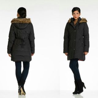 Betsey Johnson Women Down Coat with Faux Fur Hood Black Size L