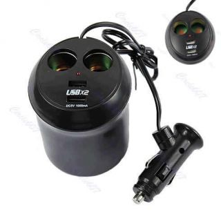 Car Cigarette Lighter Dual USB Charger Socket Cup Holder Adapter Power Supply