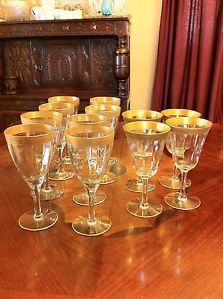 Vintage Lot OF12 Tiffin Crystal Optic Gold Encrusted Water Wine Stem Glasses