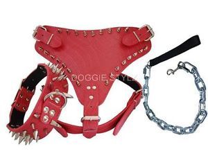 Pink Gator Leather Dog HARNESS COLLAR LEASH SET spikes Pit bull Boxer Free Ship