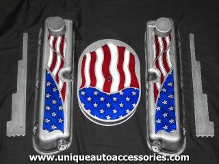 American Flag Ford SB Tall Valve Covers Air Cleaner Breather Set Custom Painted