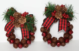Rusty and Red Satin Jingle Bell w Pine Christmas Wreath and Ball Ornaments