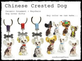 Chinese Crested Dog Ceramic Keychain Handmade Figurine Ornament 00001