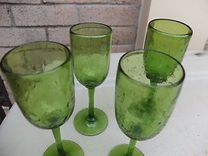 Vintage Set of 4 Hand Blown Green Crackle Wine Glasses