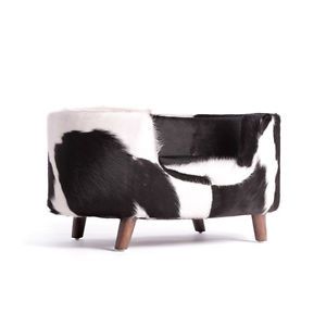 Black White Cowhide Dog Cat Pet Bed Mid Century Modern Small Wood Chic