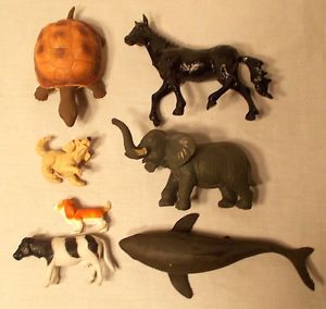 Lot of 7 Plastic Rubber Toy Animals Turtle Shark Horse Elephant Cow Dog