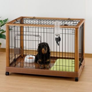 Richell Mobile Portable Wood Dog Puppy Pet Crate Pen w Casters Wheels 940 Med