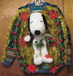 Gaudy Snoopy Beagle Dog Ugly Christmas Sweater Women's XL 7 Wool
