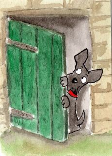 ACEO Original Watercolour Archy The Scottie Dog 'Behind The Green Door'