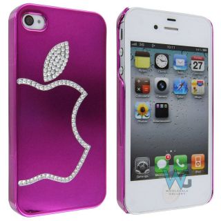 Hot Pink Electroplated Bling Back Cover Case with Apple Mosaic Design Diamonds