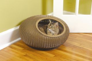 New Elevated Pet Cat Bed Metal Frame Decorative Brown Wicker Pod Soft Cushion