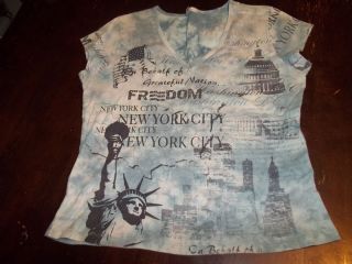 Freedom Flag Capital Statue of Liberty Blue Grey White Tie Dyed Tshirt Large