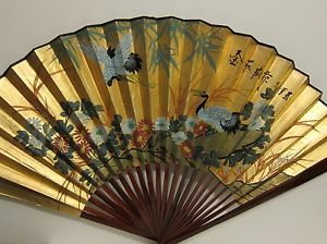 24" Chinese Folding Wall Paper Fan Crane Flowers Hand Painted Signed Artwork Art