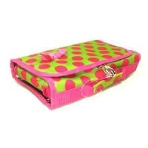 Green w Hot Pink Polka Dots Hanging Cosmetic Bag Case Travel Tri Fold Makeup