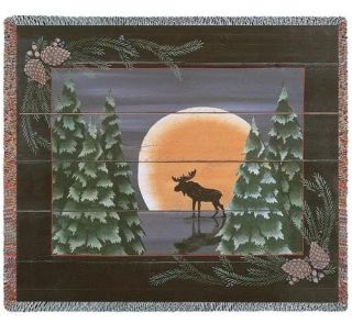 Moose Lodge Wildlife Elk Deer Pine Trees Moon Tapestry Throw Afghan Bed Blanket