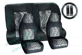 Snow Gray Leopard Mesh Seat Covers Set 9pc Steering Wheel Cover High Back Padded
