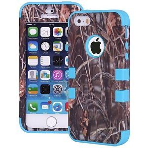 3 Layer Rugged Hybrid Real Tree Straw Grass Camo Case Cover for iPhone 5S Blue