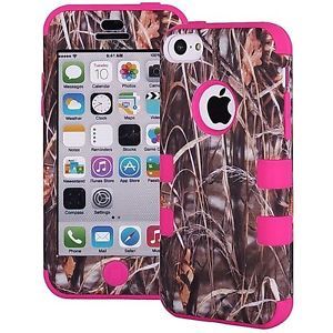 3 Layer Rugged Hybrid Real Tree Straw Grass Camo Case Cover for iPhone 5c H Pink