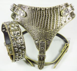 New Gold Leather Dog Harness Collar Set Mushroom Studded Pit Bull Bully Boxer