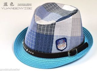 Child Boy Straw Derby Cap Checked Rivets Jazz Hat Topper Summer Beach Sun Hat