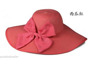 Vintage Straw Derby Cap Womens Flax Bow Wide Large Brim Summer Beach Sun Hat