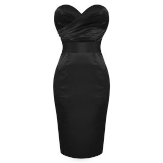 Sirens and Starlets Black Satin Strapless Vintage Fitted Pencil Cocktail Dress