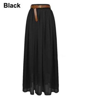 Black Women Chiffon Pleated Retro Long Elastic Waist Band Maxi Dress Skirt