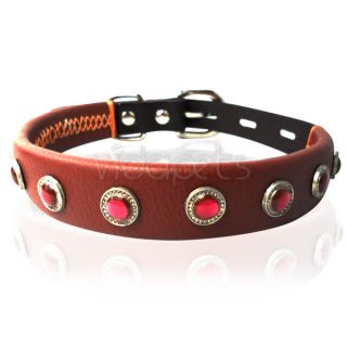 11 14" Genuine Real Leather Gemstone Pet Dog Collar Brown Small