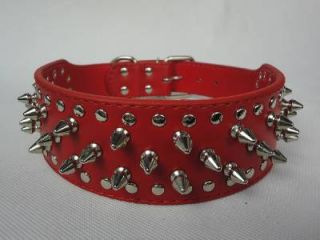 2" Red Rows Spiked Studded Leather Pitbull German Shepherd Dog Collar