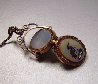 Antique Victorian 2 Sided Locket Spinner Rose Gold Fill Bird Crane Shell Inlay