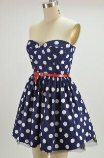 50s Style Navy White Polka Dot Strapless Bustier Pinup Party Dress w Red Belt