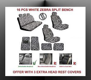 Car Seat Covers White Zebra Car Floor Mats 16pc Airbags Compatible Split Bench