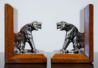 RARE 1920s French Art Deco Tiger Sculpture Bookends Bronze Mahogany Book Ends