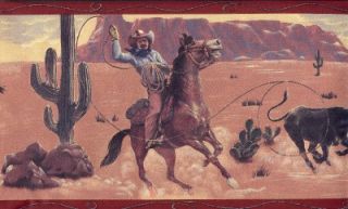 Wallpaper Border Western Cowboy Roping Rust Trim