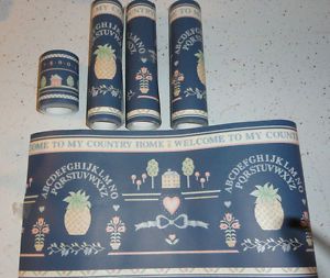 Blue Pineapple Heart Country House Home Wall Trim Paper Border 4 Roll Lot